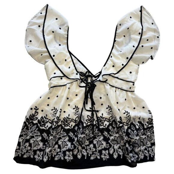 Anthropologie Tie Back Shirred Polka Dot Floral Blouse Fairy Black Ivory M Nwt - Picture 6 of 7